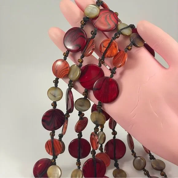 Red Natural Mother of Pearl Disc Knotted Corded Boho Necklace Statement Long - Picture 6 of 7
